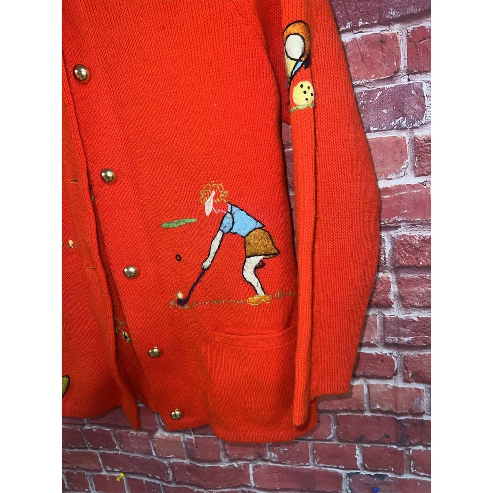 Vintage Andremo Argenti Orange Golf Embroidered Cardigan Sweater Gold Buttons M - Picture 5 of 15